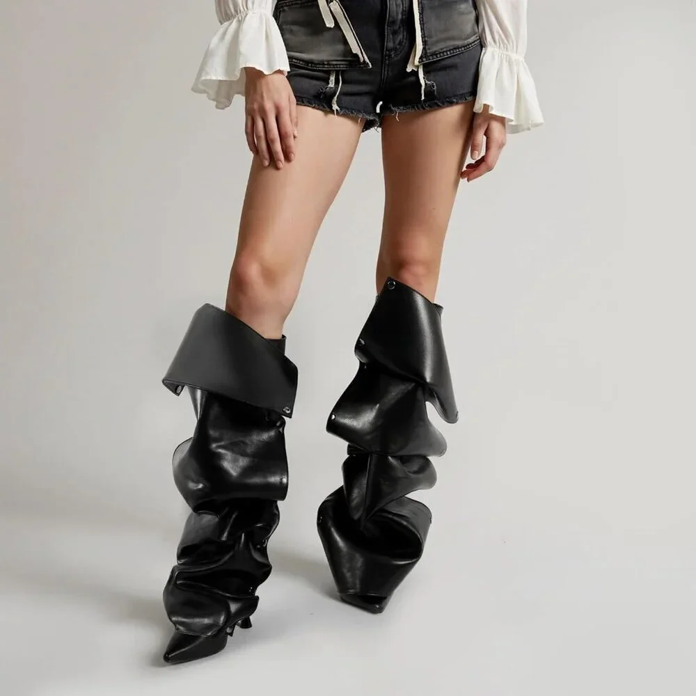 Women Black Suede Detachable Snap-off Panel Fold Over Fall Shark Knee High Boot